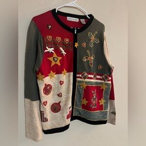 Victoria Jones Zip Front Christmas Cardigan Color Block Applique Design Size M